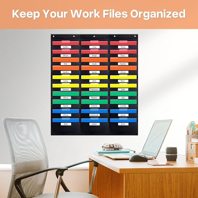 Opret 30 Pockets Storage Pocket Chart with 30 Nametag Pockets, Hanging Wall File Organizer for File Folders with 5 Hangers for Classroom, Office, School Mailbox Organizer and Home (Black)