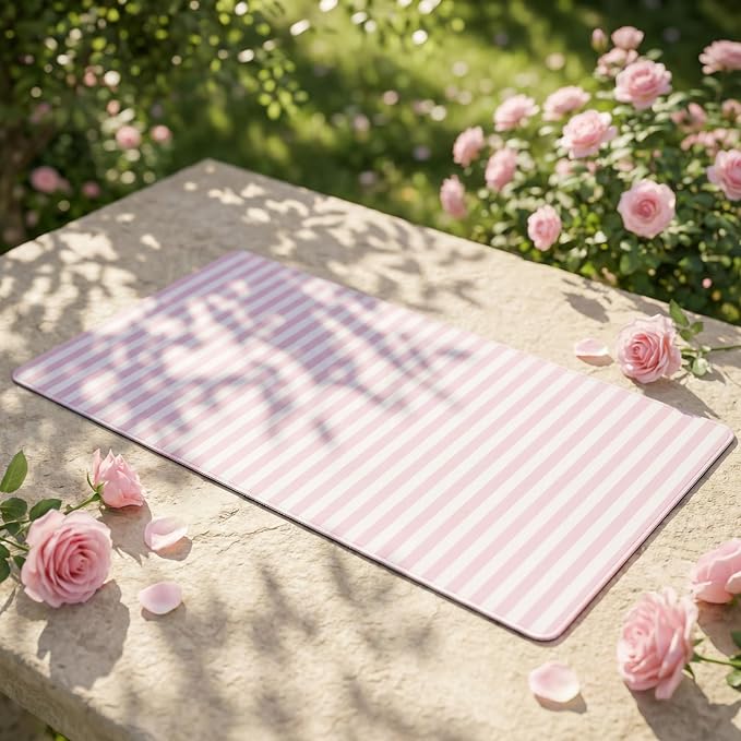 Light Pink Striped Desk Mat Cute Pastel XXL Large Gaming Mouse Pad Desk Pad Kawaii Cozy Aesthetic Keyboard Laptop Computer Mat Home Office Decor for Women