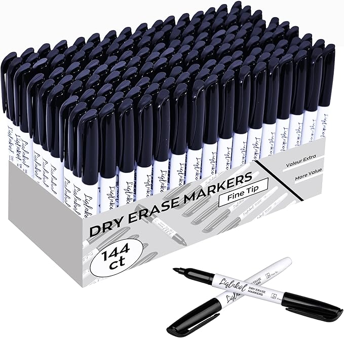 Dry Erase Markers with Fine Tip, Bulk Pack of 144 with Black, Whiteboard Markers Bulk with Low Odor, Office Supplies for School Office or Home