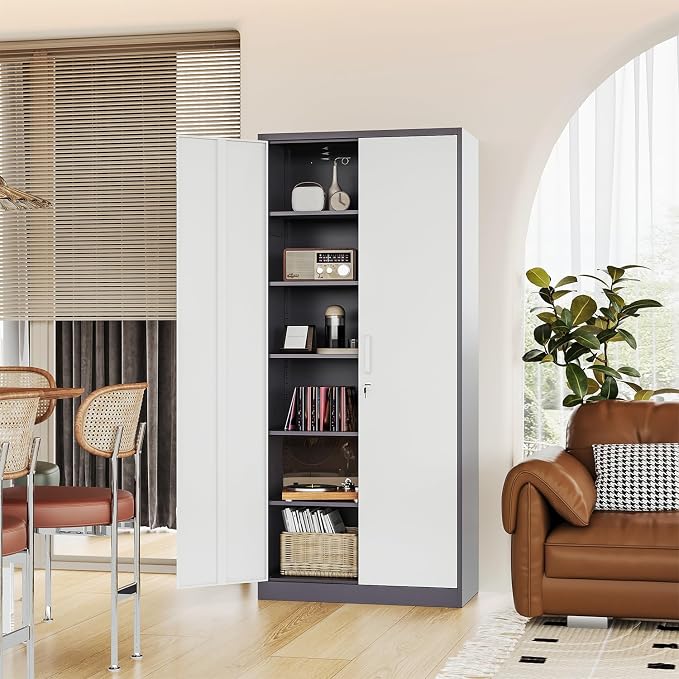 Fesbos Metal Storage Cabinet-72” Tall Steel File Cabinets with Lockable Doors and 5 Adjustable Shelves-Gray&White Steel Storage Cabinet for Home, School, Office, Garage