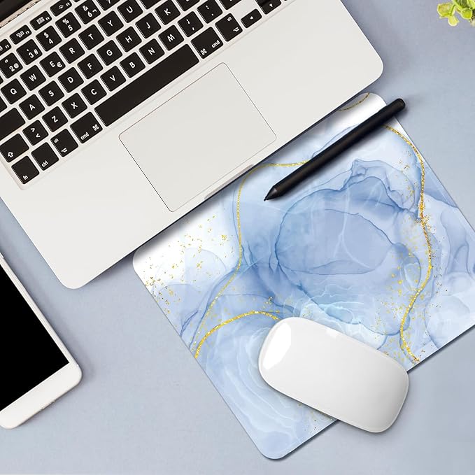 Mouse Pad with Stitched Edges - Elegant Marble Mousepad for Women, 9.25 x 7.75 inch Washable Square Desk Pad, Non-Slip Rubber Base, Office Home Laptop Accessories - Blue Marble