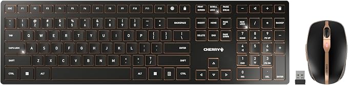 CHERRY DW 9100 Slim Wireless Keyboard and Mouse Office Combo, Rechargeable | Bluetooth & 2.4 GHz RF Connection, Quiet Keys, Comfortable Writing, Rechargeable, QWERTY, Black/Bronze