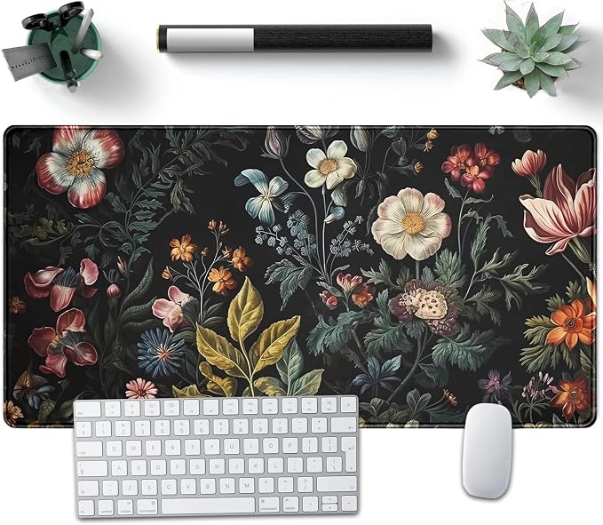 Floral Desk Mat Dark Academia Vintage Aesthetic Desk Pad Flower Plant Large Gaming Mousepad Black Extended Mouse Pad XXL Laptop Computer Mouse Keyboard Mat 31.5 x 15.7 Office Desk Decor