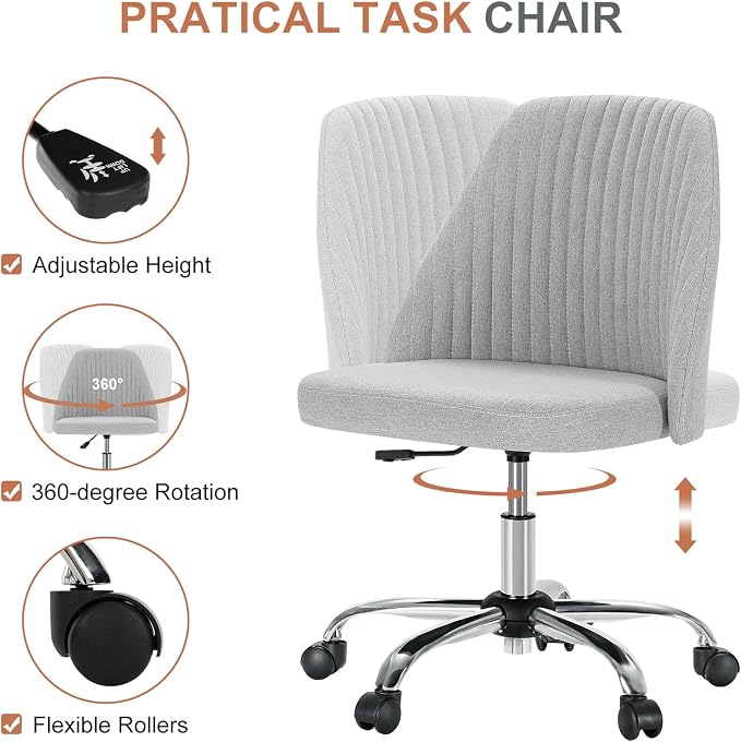 DUMOS Comfy Office Desk Chair, Armless Computer Vanity Chair | Height Adjustable, 360° Rolling Swivel Task with Wheels, Wide Seat Home Bedroom, Student, Adults, Dull Gray