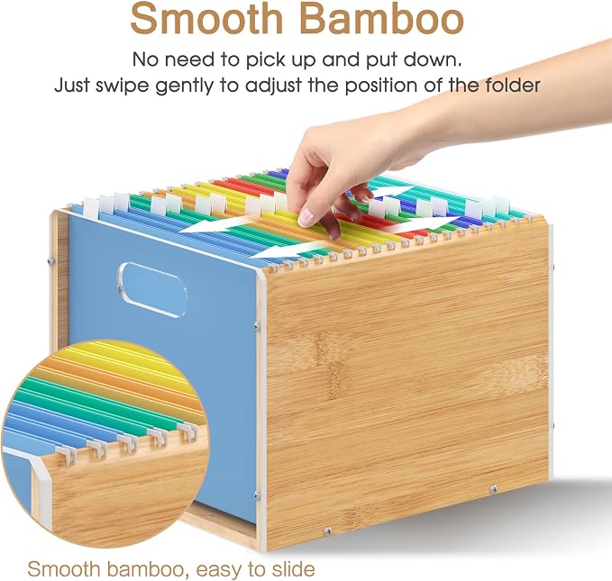 Sbanmao Hanging File Organizer, Clear Acrylic File Box Organizer, Bamboo Filing Box File Crate Organizer Storage Boxes, Portable Filing Folder with Handle for Letter Size