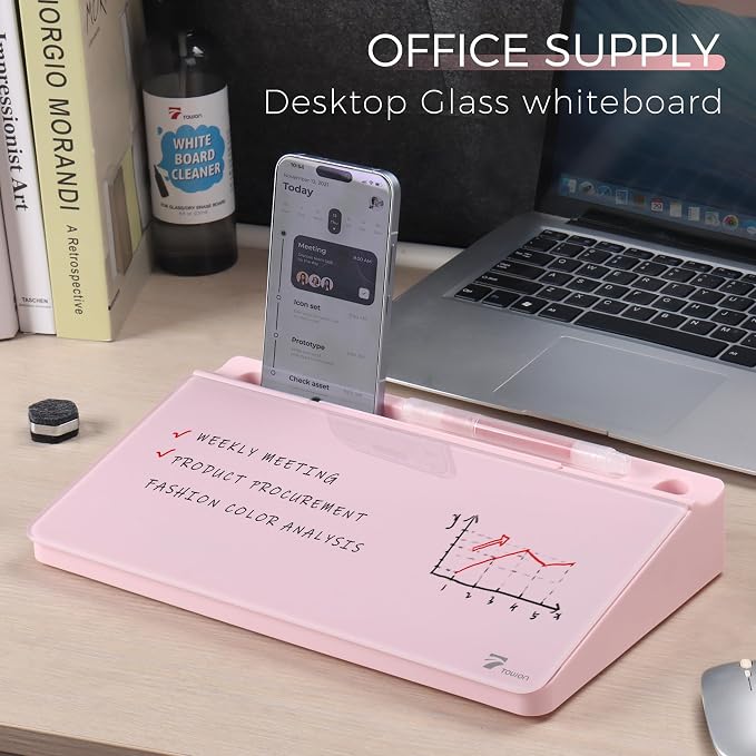 TOWON Compact Glass Desktop Whiteboard with Storage 12x7 in, Pink | Aesthetic dry erase surface, 5 markers, eraser and holder included, for the office, home or school desk