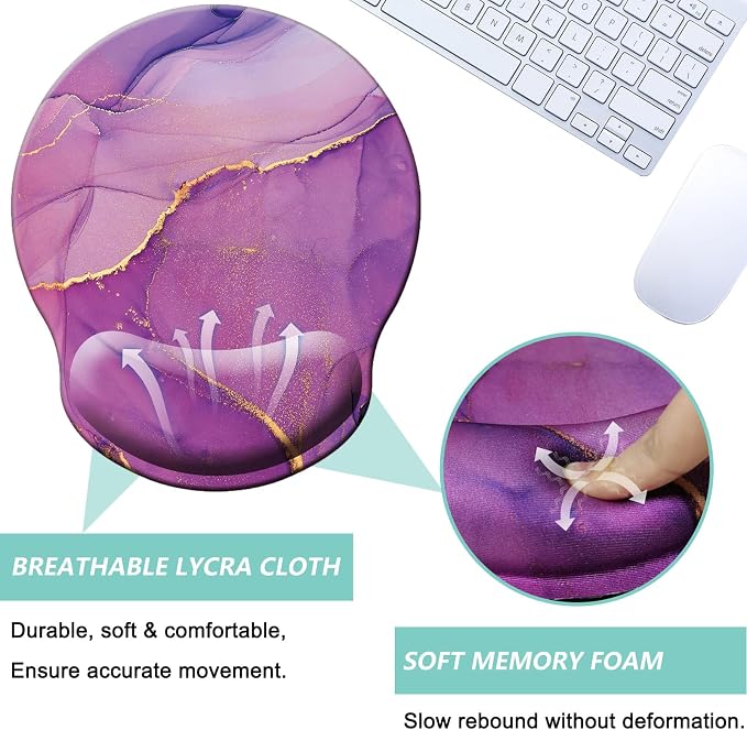 Mouse Pad with Wrist Support, Ergonomic Mouse Pad with Memory Foam Wrist Rest Cushion, Non-Slip Rubber Base Gaming Mice Pad for Home Office Computer Laptop, Purple Marble