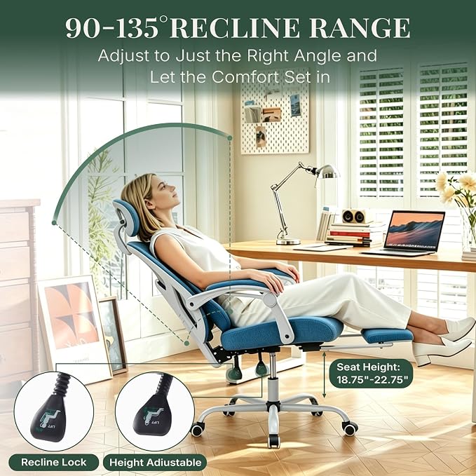 Ergonomic Office Chair with Footrest, Computer Gaming Chair | Adjustable Headrest, Lumbar Support, Swivel Reclining, Padded Armrest, Mesh High Back, Home Desk Work Study, Blue