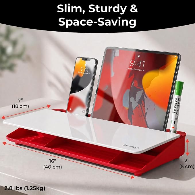 Chalkola Red/White Glass Desktop Whiteboard with Storage, Dry Erase Board | Work Desk Organizers, Computer Keyboard Stand, Home Office Desk Accessories, Workspace Deskboard Buddy, Small White Board