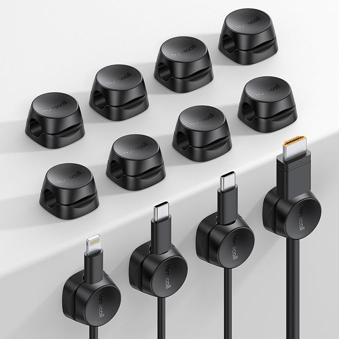 Lamicall 12 Pack Spring Cord Organizer Clips, Cable Management for Desk | Office Accessories, Dorm Room Bedroom Nightstand Adhesive Phone Charger Cord Holder Wire Keeper, Black