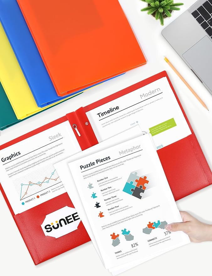 SUNEE Pocket Folders with Prongs(5 Pack, Assorted Colors) Recycled Plastic Folders with Pockets and Prongs Fit Letter Size, Poly Folders with Pockets for School Office Home