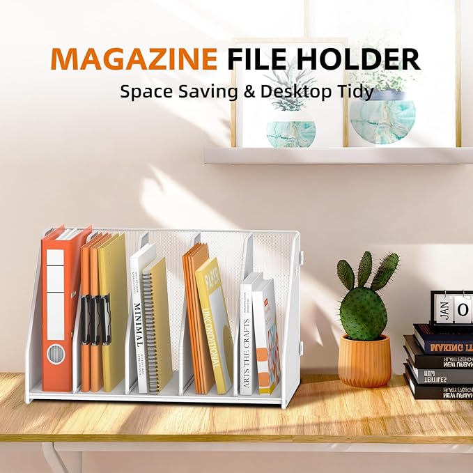 Binder Organizer, Magazine File Holder with 5 Vertical Rack, White | Metal Desk File Organizer & Binder Holders, Magazine Organizers for Office Desktop, Home, School, Classroom