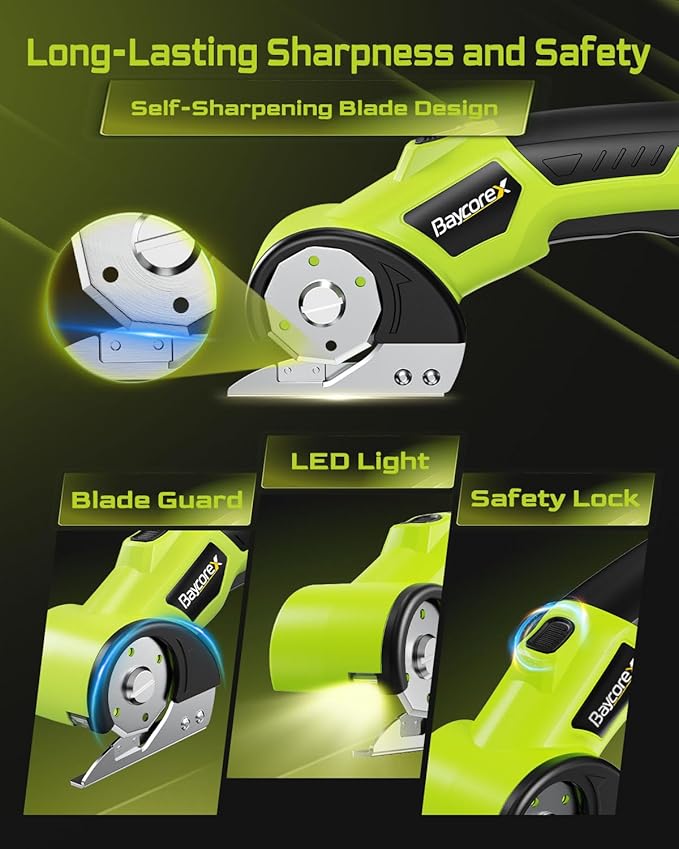 Electric Cardboard Cutter,3000mAh Box Cutter Rechargeable,Cordless Electric Scissors with 2 Blade, 4V Upgrade Motor,Safety Lock & LED Light, Powerful Cutting Tool for Paper Carpet,Green