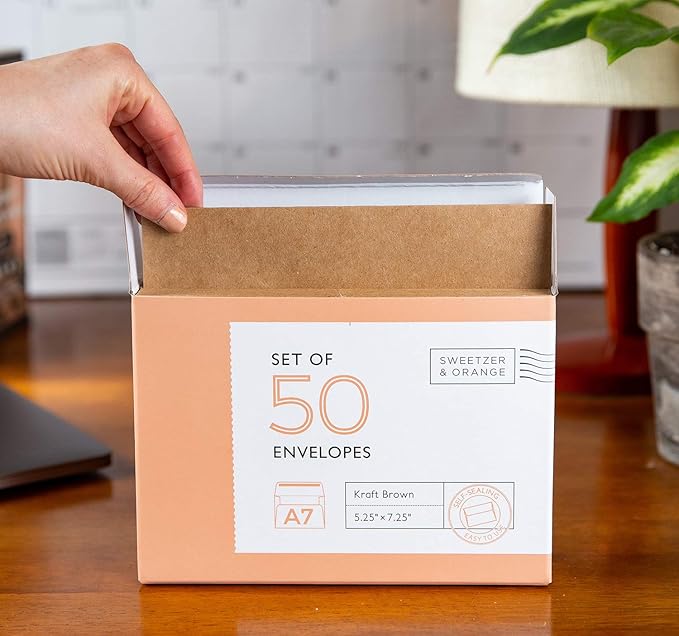 Sweetzer & Orange A7 Brown Self Seal Envelopes, 100 Pack, 5x7 Inches(True 5.25 x 7.25 in.), Kraft 150gsm, Blank Envelopes for Invitations, Wedding, and Mailing