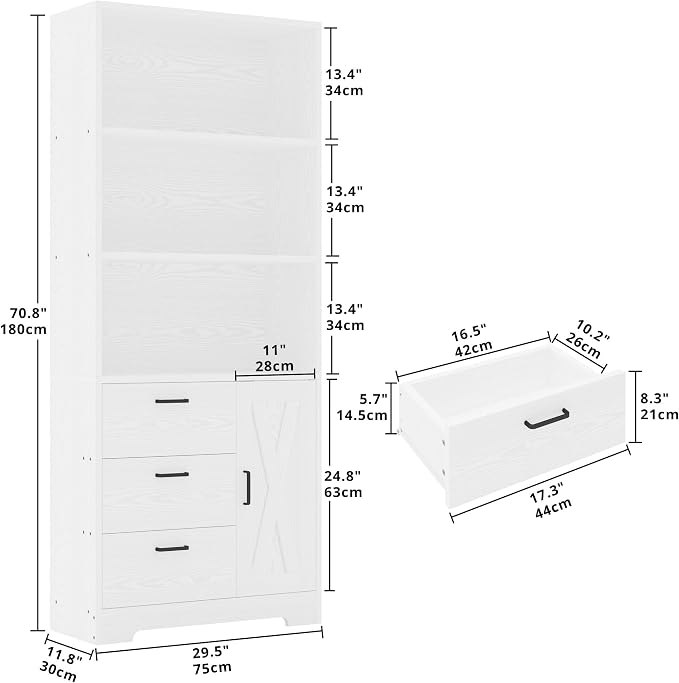 IRONCK 71 in Bookshelf with Doors and 3 Drawers, Industrial Tall Bookcase | Engineered wood with 3-tier shelves, 3 drawers, enclosed storage, anti-tip hardware, 132 lb maximum capacity, for home office