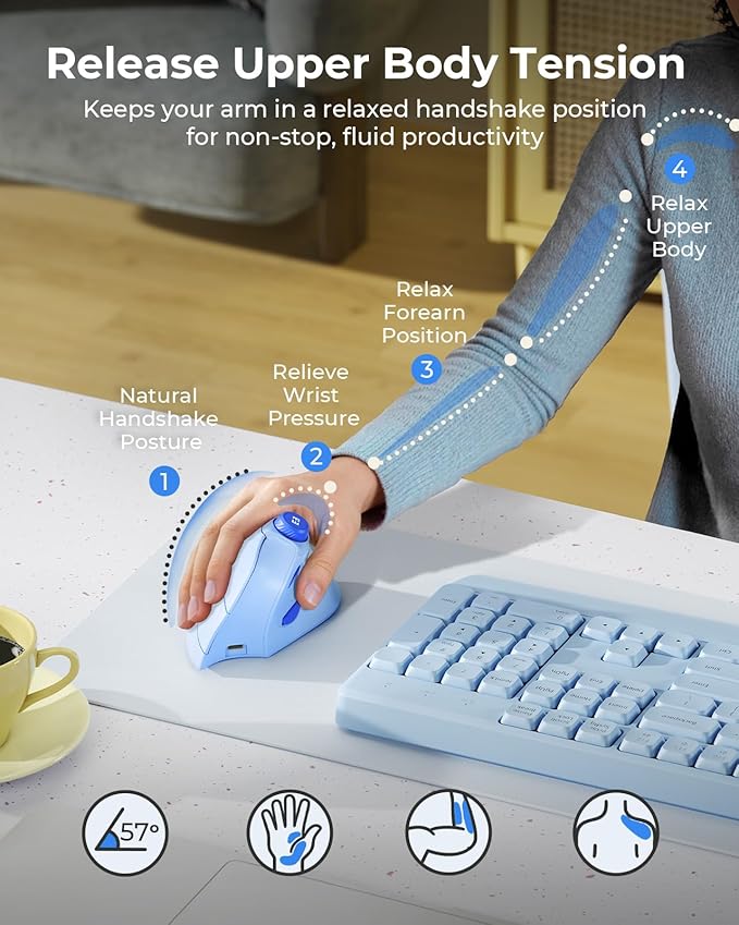 seenda Ergonomic Mouse Wireless, MOU-302 Bluetooth Vertical Mouse Rechargeable, Optical Mice with 1000/1600/2400 DPI, Volume Knob, 3 Multi-Device Connectivity for Computer/PC/Laptop/Mac, Blue
