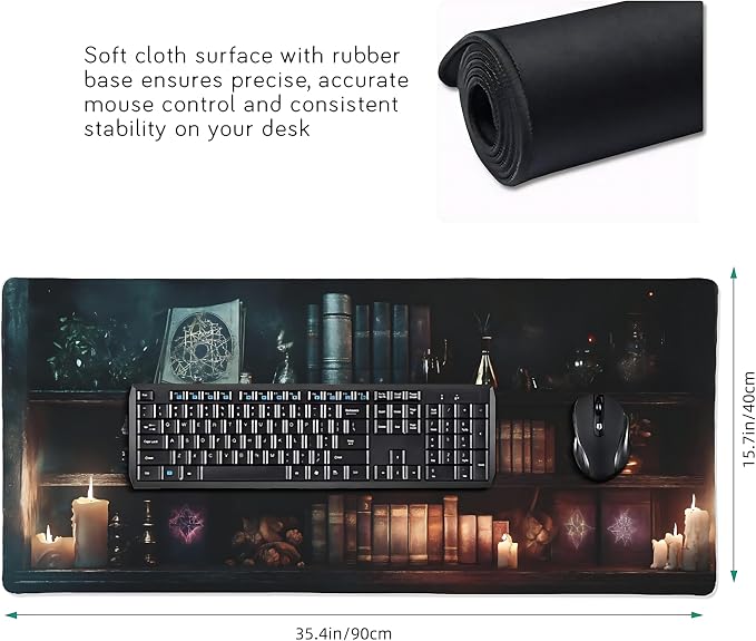 Aesthetic Book Gaming Mouse Pad, Dark Green Mystical Desk Mat with Anti-Slip Base & Stitched Edges, Computer Keyboard & Laptop Pad, 35.4" x 15.7" in in Workstation Accessories