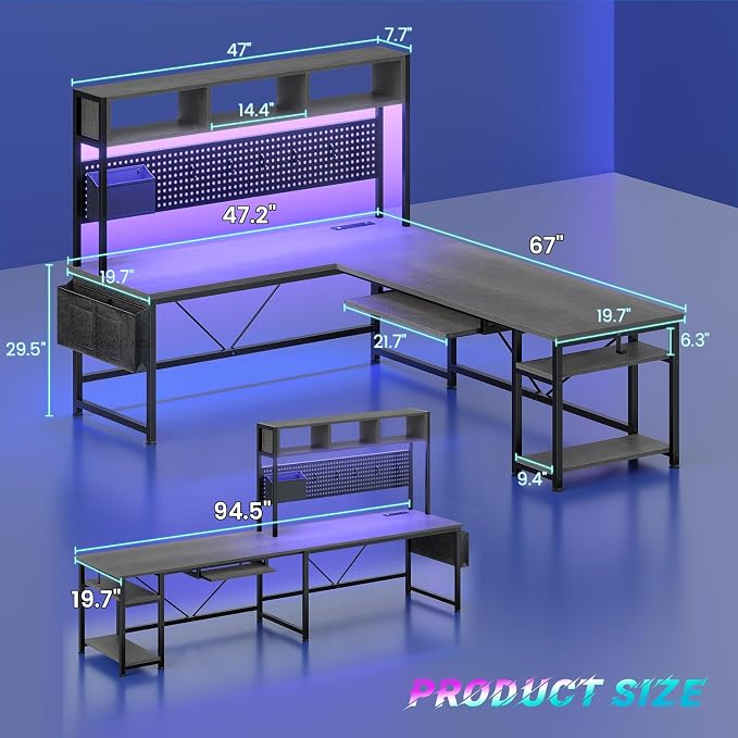 SEDETA L Shaped Office Desk with Hutch, Reversible 94.5" Computer Desk | L Shaped Gaming Desk with LED Light, Keyboard Tray, Storage Shelves and Headphone Hook for Home Office, Grey
