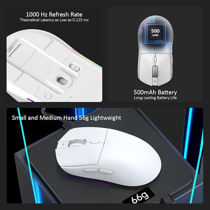 AJAZZ AJ139 V2 MC Wireless Gaming Mouse with RGB Charging Dock, 66g Ultra-Lightweight Tri-Mode Optical Mouse, 12000 DPI PAW3311 Sensor, Ergonomic Rechargeable Gaming Mouse for PC/Mac - White