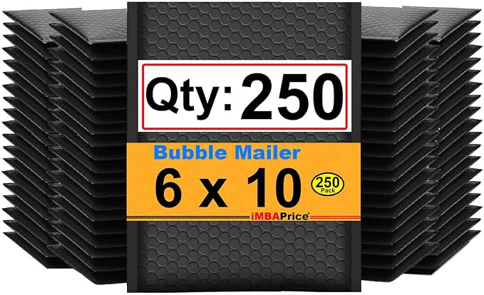 iMBAPrice 6x10 Inch Black Poly Bubble Mailers, 250-Pack | Padded Shipping Envelopes, Self-Seal Adhesive, Waterproof Bubble Bags, For Small Jewelry & Electronics