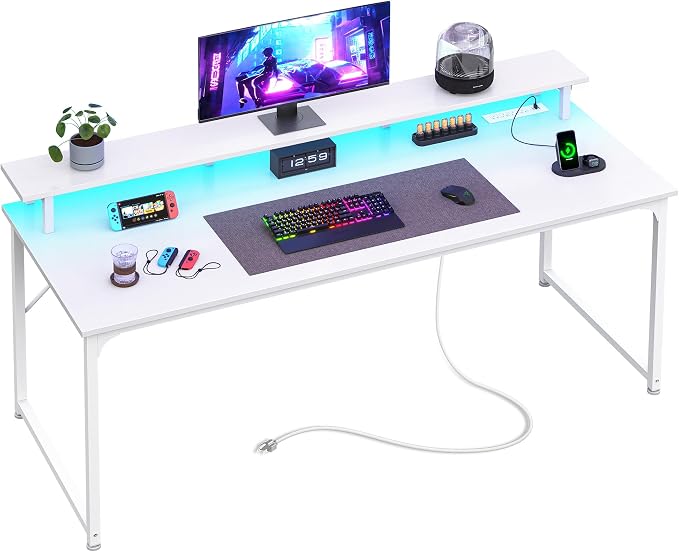 55 inch Gaming Desk, LED & Power Outlets, Monitor Stand, White | Sturdy PC Desk for Home Office, Study & Work, LED Lights, 4 AC Outlets & USB-C Charging Station