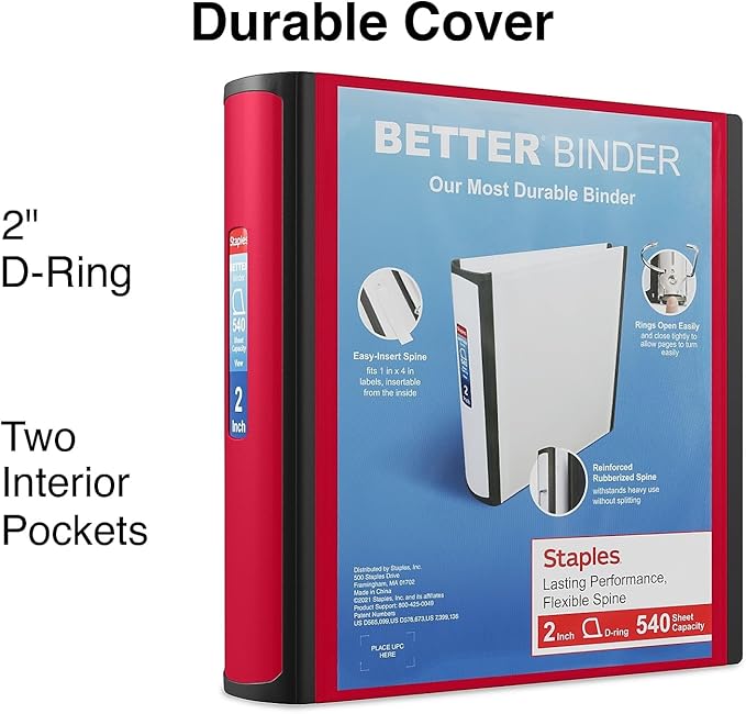 Staples Heavy-Duty 2-Inch D-Ring Binder, Red – 3-Ring Binder with Pockets, Holds Up to 540 Sheets for School & Office