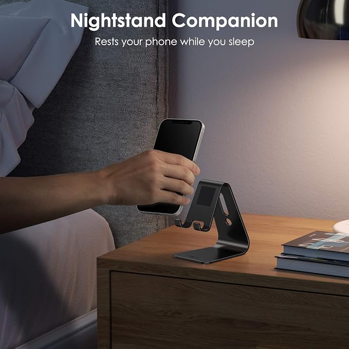 OMOTON C1 Upgraded Aluminum Cell Phone Stand for Desk, Durable Phone Dock | Protective Pads Cellphone Dock for iPhone 17/16/15/14/13 Pro Max Air, iPad mini, Android Smartphones - Black