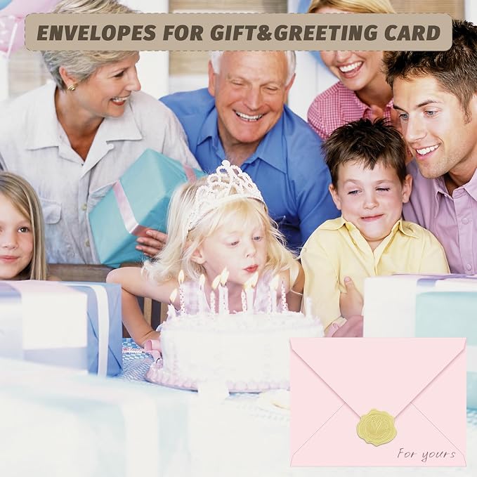 5x7 Envelopes With Golden Stickers (50, Pink, A7) | A7 Envelope for Invitations,envelope for 5x7 cards,Self Seal for Postcards, Greeting Cards, Mailing，Wedding