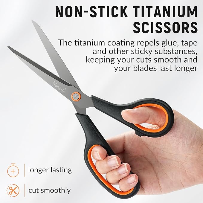 VEESA Titanium Scissors Set of 3, Ultra Sharp Stainless Steel | Non-Stick, Ergonomic Comfort Grip, 5.5’’ /7.5’’ /8.5’’, for Office, Craft & Home Use