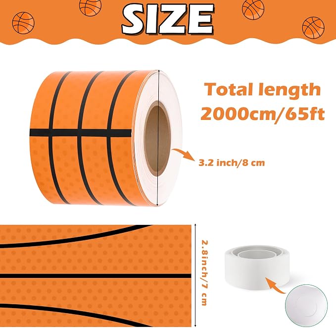 BeYumi Basketball Sport Border Trim - 65ft Back to School Basketball Patterned Straight Rolled Border Trim Orange Basketballs Die Cut Sports Bulletin Board Party School Classroom Chalkboard Wall Decor