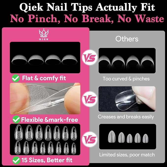 Medium Almond False Nail Tips, 15 Sizes 510 PCS Clear Soft Press On Fake Nail Pre-shaped Half Matte Full Cover Gel Nail Tips Extensions Strong Thick Long Lasting for DIY Beginners& Salon Manicure