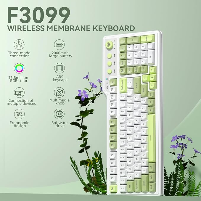 Aula F3099 Wireless Keyboard with Media Knob, Tri-Mode BT5.0/2.4GHz/USB-C Cute Creamy Keyboard with Number Pad, RGB Backlit Gaming Keyboard, Quiet Typing Green Computer Keyboards for Office Laptop/PC