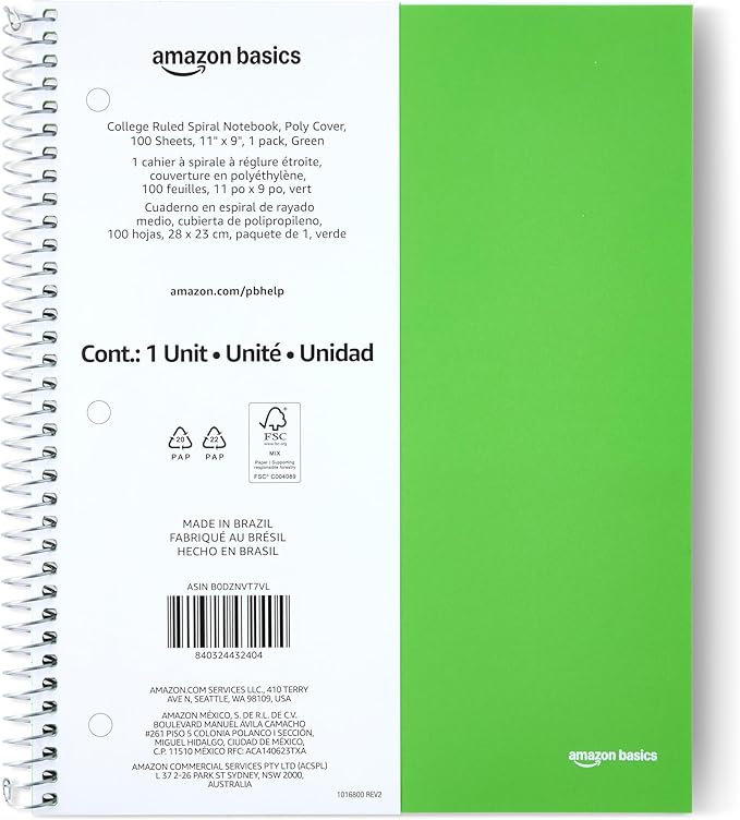 Amazon Basics College-Ruled Spiral Notebook, Poly Cover, For Work and School, 100 Sheets, 9" x 11", Green, 1-Pack