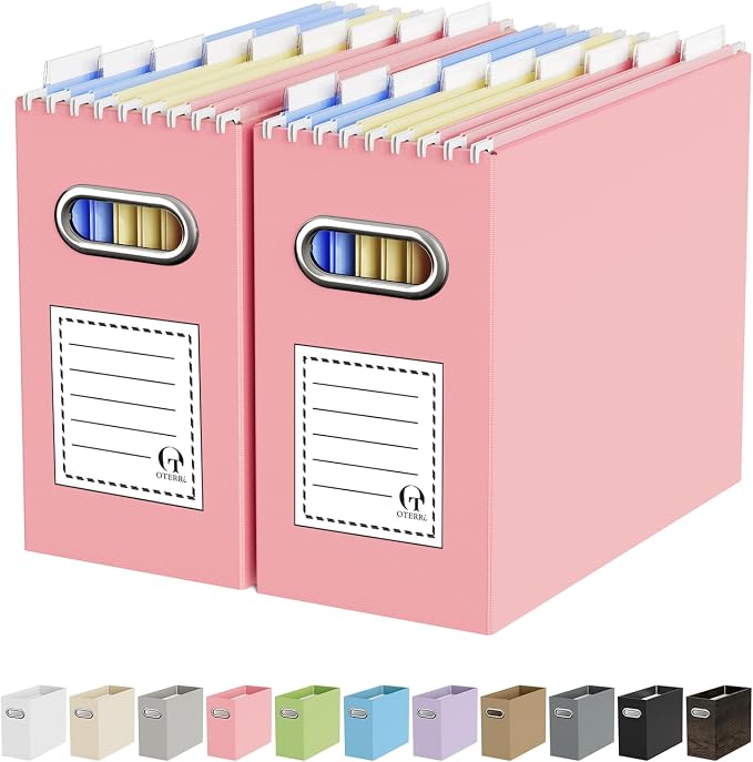 Portable Collapsible Cardboard File Box with Handle for Letter-Size | 2-Pack. Stainless Steel Handle. Label Stickers Included. Fits Letter Folders (Not Included). Home, Office, School, Dorm, Tax.