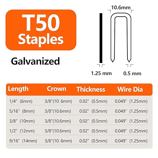 Heavy Duty T50 Staple 9/16" Length, 3/8" Crown 5000-Count, 20 Gauge Galvanized, for Pneumatic, Electric, Manual T50 Stapler Gun