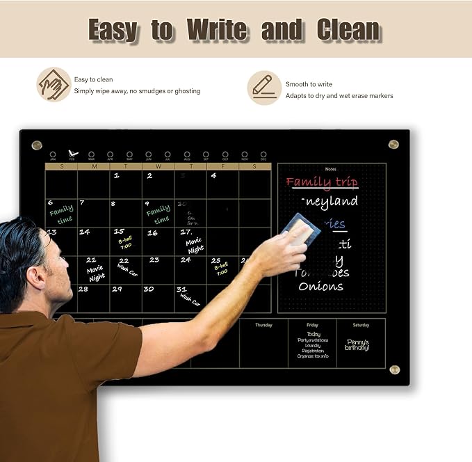 Black Glass 3-1 Monthly Dry Erase Calendar Whiteboard for Wall,20"x 30",Frameless Mounting,Office/School/Home, Frameless Large Planner White Board