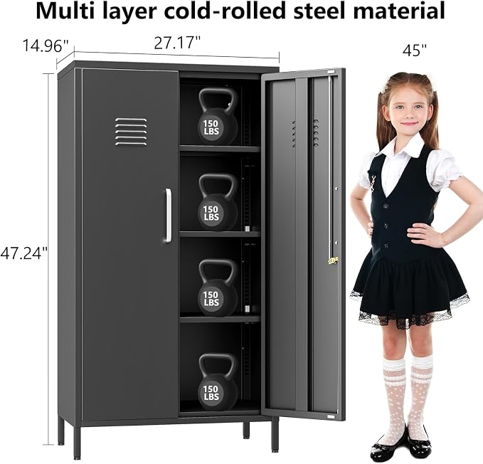 Metal Storage Locker,47" H Home Office Storage Lockers for Employees with 2 Locking Door ＆ 3 Adjustable Shelves,File Storage Cabinets forGarage, School, Office, Gym (Black)