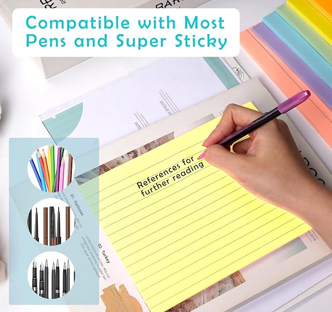 400 Sheets Lined Sticky Notes 8x6in Large,No Ink Bleed-Through,Home/School | 50 Sheets/pad Ruled Giant Post Stickies,Smooth Writing,8 Pack Extra Bright Self Sticky Super Memo Pads for Students Office