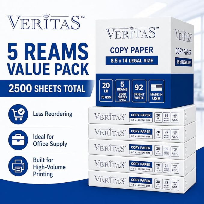Veritas Copy Paper 8.5 x 14 Legal Size, 5 Reams, 2500 Sheets Total, 20 lb / 75 GSM, 92 Bright White Multipurpose Printer Paper for Office, Business, Legal Documents, Laser & Inkjet, Made in USA