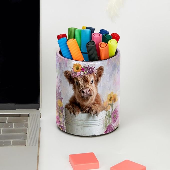 Leather Pen Holder for Desk, Highland Cow Purple Flower Pencil Cup Pen Organizer Makeup Brush Holder for Office Home Kids Countertop Desk Accessory Storage