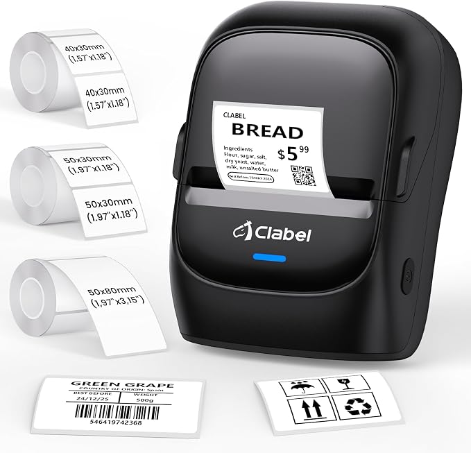 CLABEL 221B 2" Bluetooth Thermal Label Printer with 3 Label Rolls, Black | No RFID Lock, Inkless Barcode Label maker Machine with Tape, Portable, iOS Android Compatible, Small Business, Office, Home