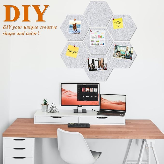Large Hexagon Felt Cork Board Tiles, Self Adhesive DIY Felt Bulletin Board Pin Board with 35 Pushpins for Office School Home Wall Decor Stickers Memos Photos Display(Light Grey)
