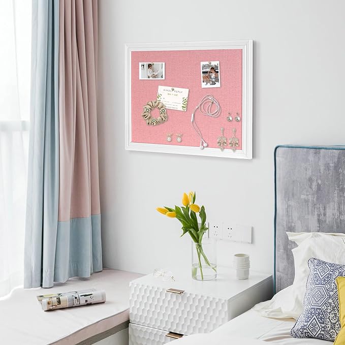 Large Wood Framed Cork Board with Linen, 36" x 24" (Pink) | Hanging Bulletin Board, Picture Display Vision Board Kit Corkboards for Wall Room School Office Decor, 10 Pushpins