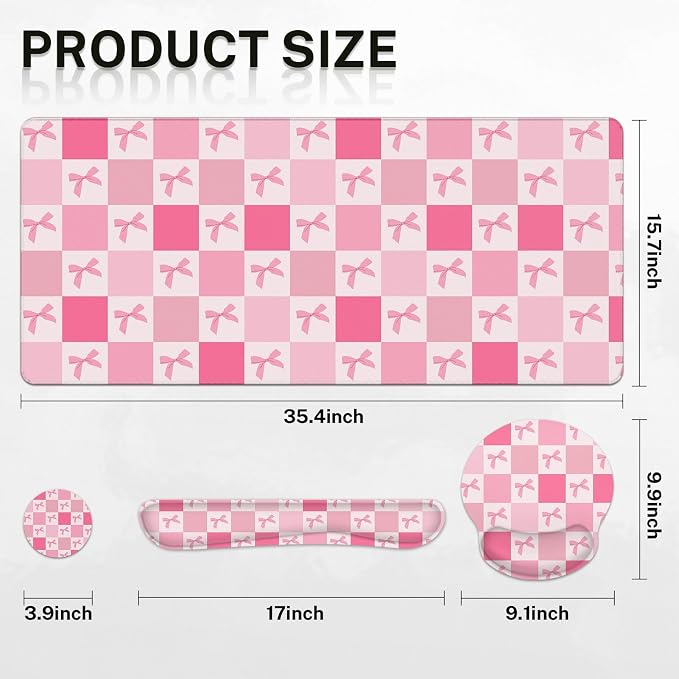 Arttown Keyboard Mouse Pad Set, 4 in 1 Desk Mat Set Kawaii Cute | Pink Checkered Bow Large Mousepad+Keyboard Wrist Rest+Mouse Wrist Rest+Coaster Ergonomic Design for Home Office Computer