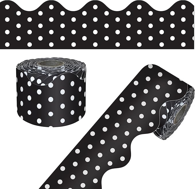 Carson Dellosa Education 65Ft of Black and White Bulletin Board Borders, 1 Roll of Scalloped Trim With Polka Dots for Rolling Whiteboard,Cork & Posterboard, Party, Office Decorations & Classroom Decor