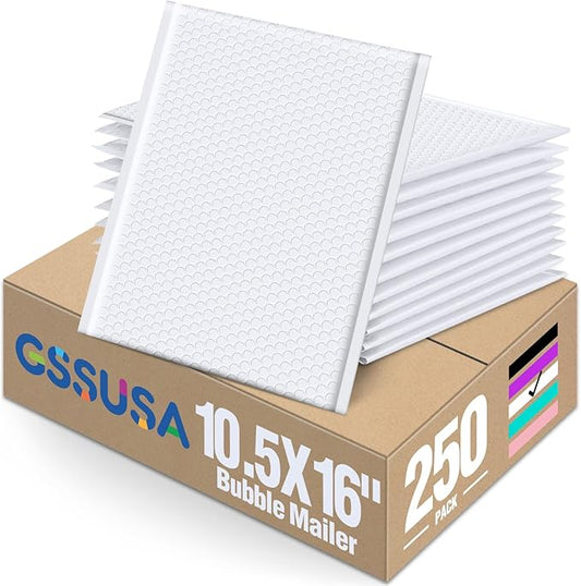 GSSUSA Large Bubble Mailers 10.5x16 Inch 250 Pack White Padded Envelopes, Strong Adhesion Padded Mailer Self-Seal Bubble Envelopes for Mailing Clothes,Magazines