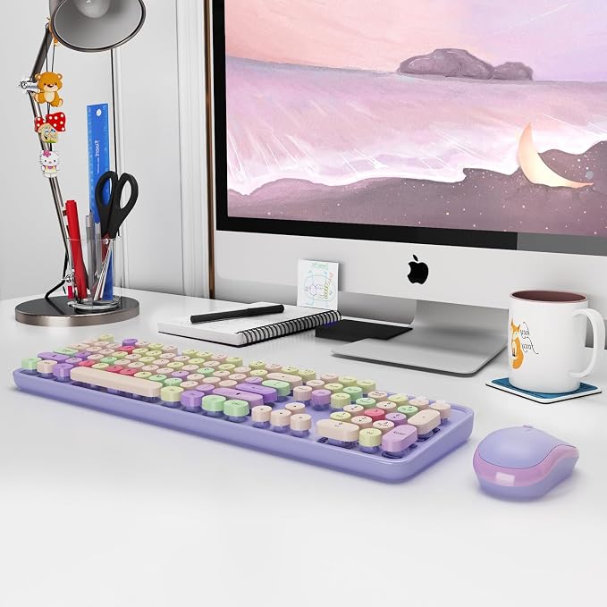 Wireless Computer Keyboard and Mouse Combo,Colorful Purple | Ergonomic Full Size Typewriter Retro Round Keycaps Keyboard, Compatible with Windows, PC, Perfer for Home and Office