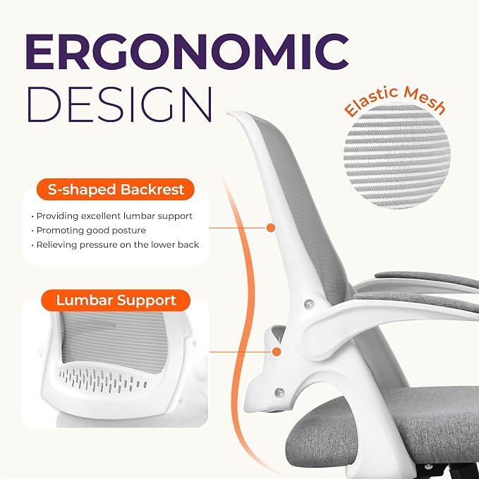 NEO CHAIR Office Desk Chair, Ergonomic Mesh with Flip-Up Armrests, Grey | Lumbar Support, Height Adjustment, 360° Swivel and Rolling Base, Space-Saving Design for Home Office, Vanity or Study
