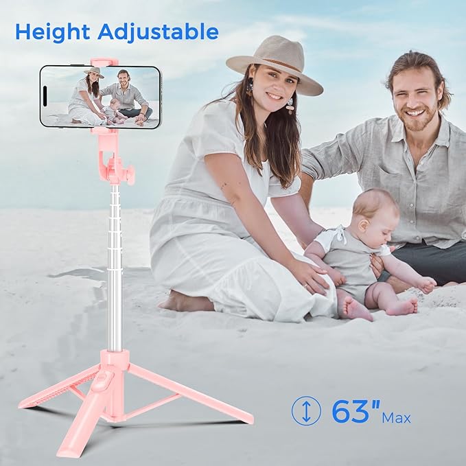 Selfie Stick Travel Tripod for Cell Phone with Remote Control and Phone Holder, Extendable Selfie Stick for iPhone, iPhone Tripod for Video Recording, 63 Inch, Pink