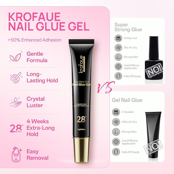 krofaue Solid Gel Nail Glue 4Pcs 20g – UV-Cured Clear Nail Adhesive for Gel Nails, 3D Nail Gel, Press on Nail Glue, Rhinestones, DIY Home Manicure, Salon Use, Long-Lasting, Beginner-Friendly.